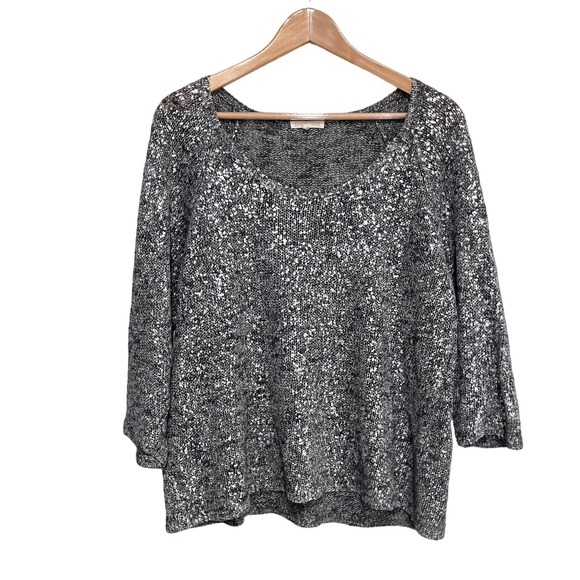 Eileen Fisher blouse size Large L black silver  3/4 sleeve top - Picture 1 of 7